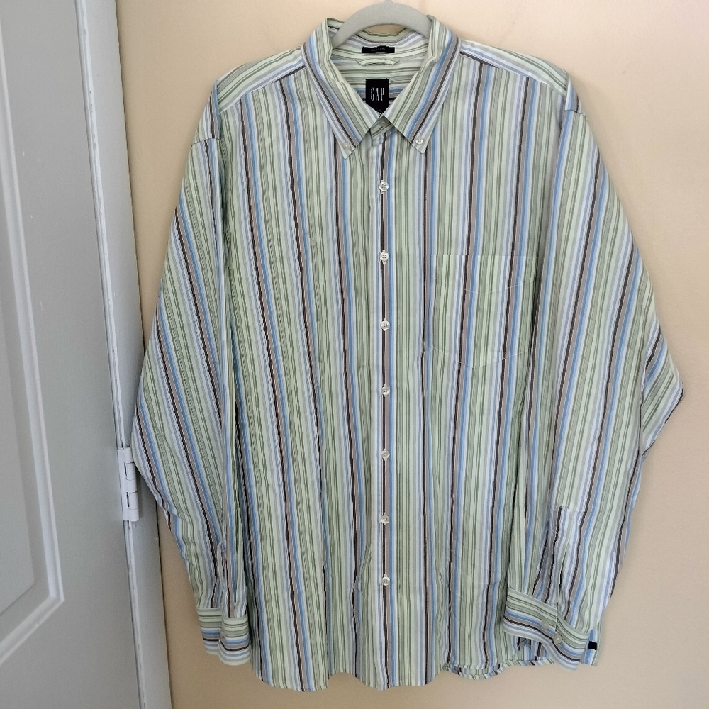 GAP Men Classic Cotton Striped green Blue Button Down Shirt XL Preppy Office